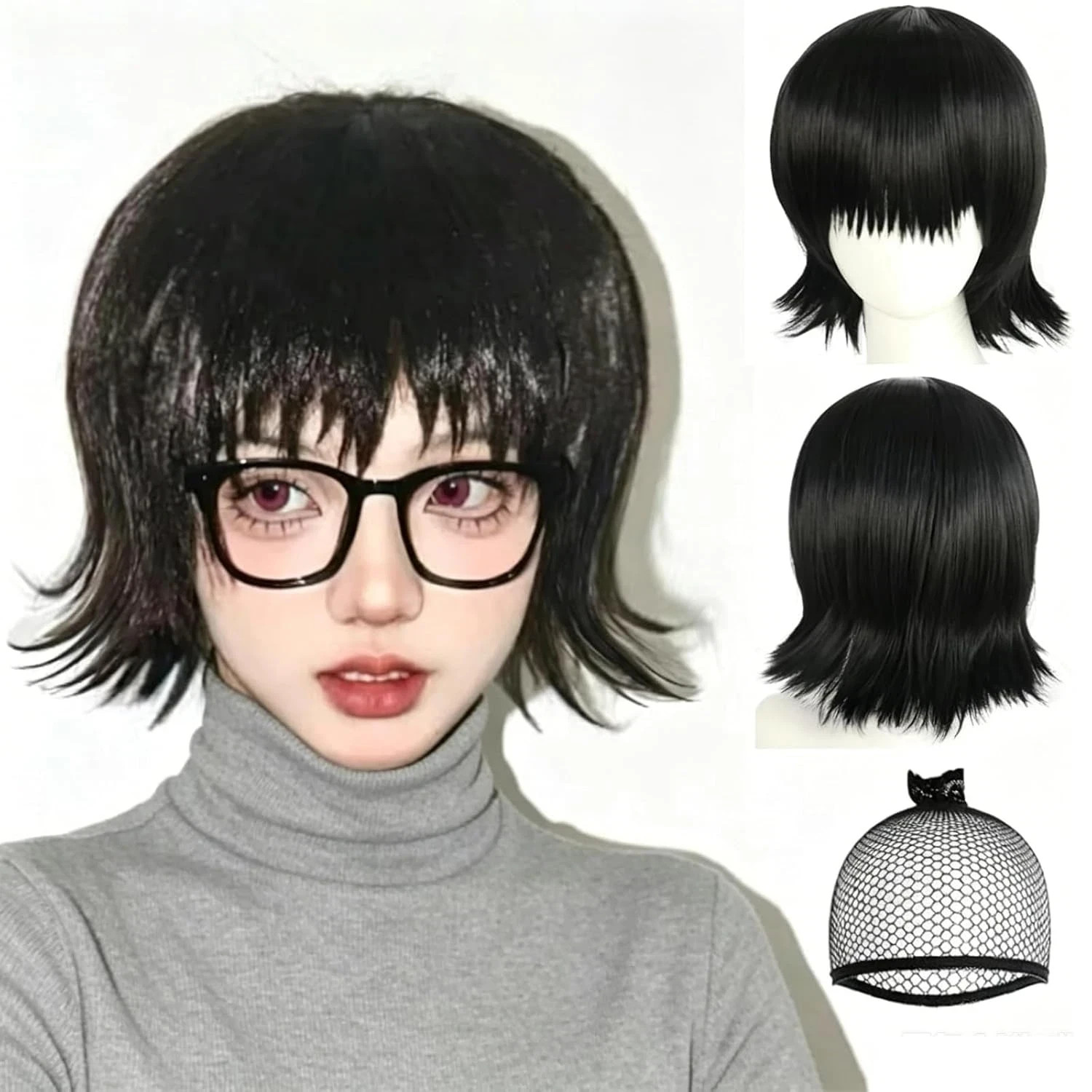 Short Black Cosplay Wig with Bangs Synthetic Wavy Wigs for Women Adult Funny