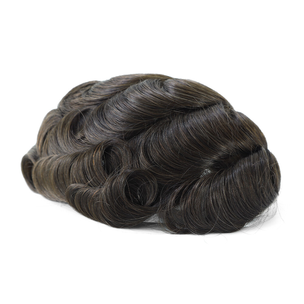 Mens Toupee Swiss Lace Human Hair Replacement System Dark Brown Hairpieces #2