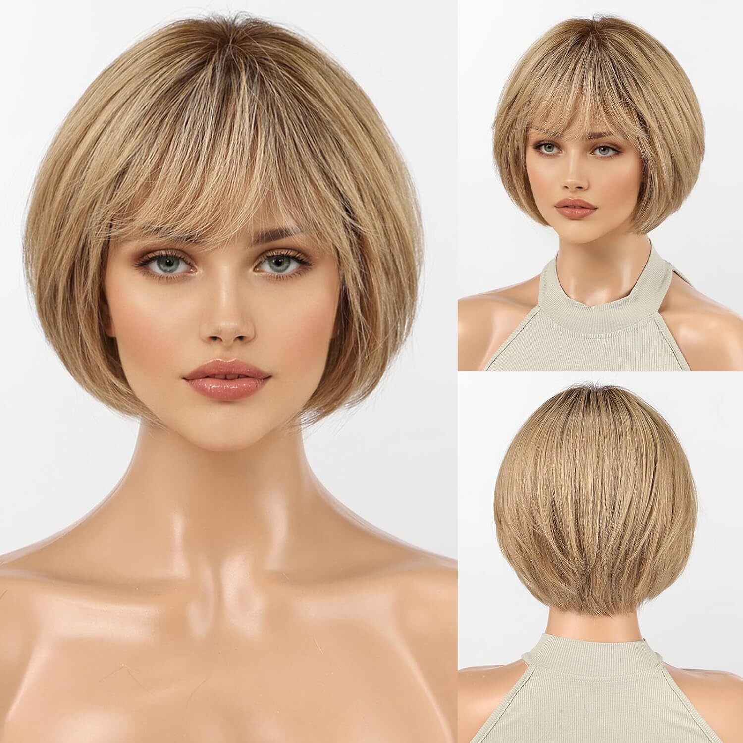 Ombre Ash Blonde Wigs Human Hair for White Women with Bangs Glueless Bob Wigs