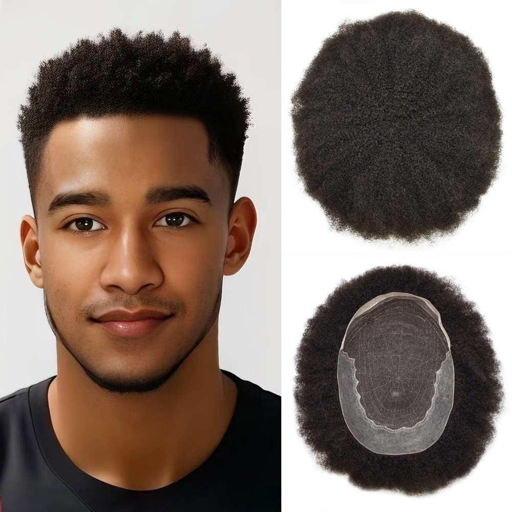 Afro Toupee for Black Men Toupee French Lace Hairpiece Kinky Curl Gray Hair Unit
