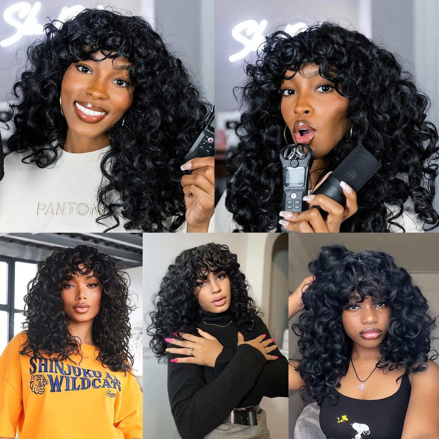 Black Curly Wigs for Black Women Long Curly Afro Wig with Bangs for Women Big…