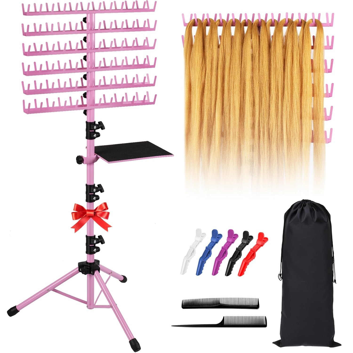 Braiding Hair Rack Height Adjustable 144 Pegs Hair Extension Holder Display Pink