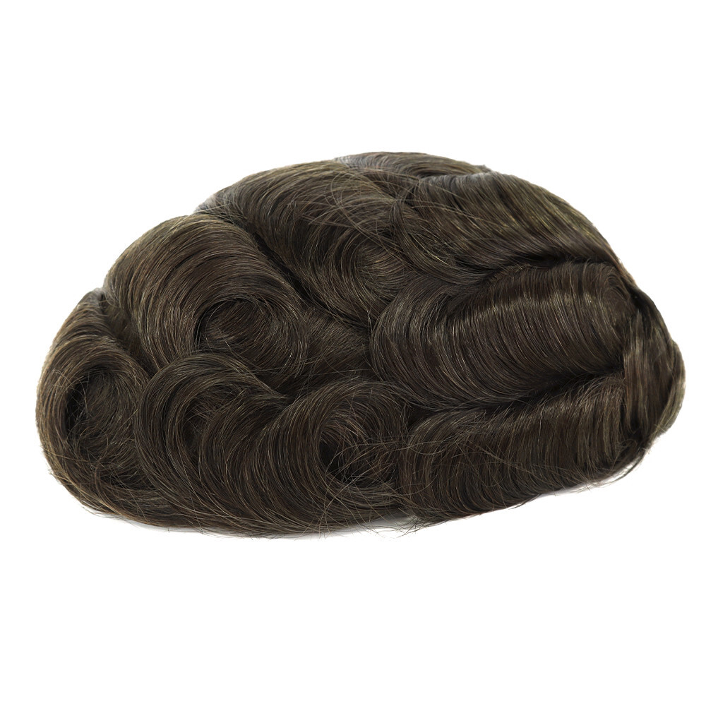 Super Mens Toupee Human Hair System 0.03mm Thin Skin Medium Brown Hairpieces #4