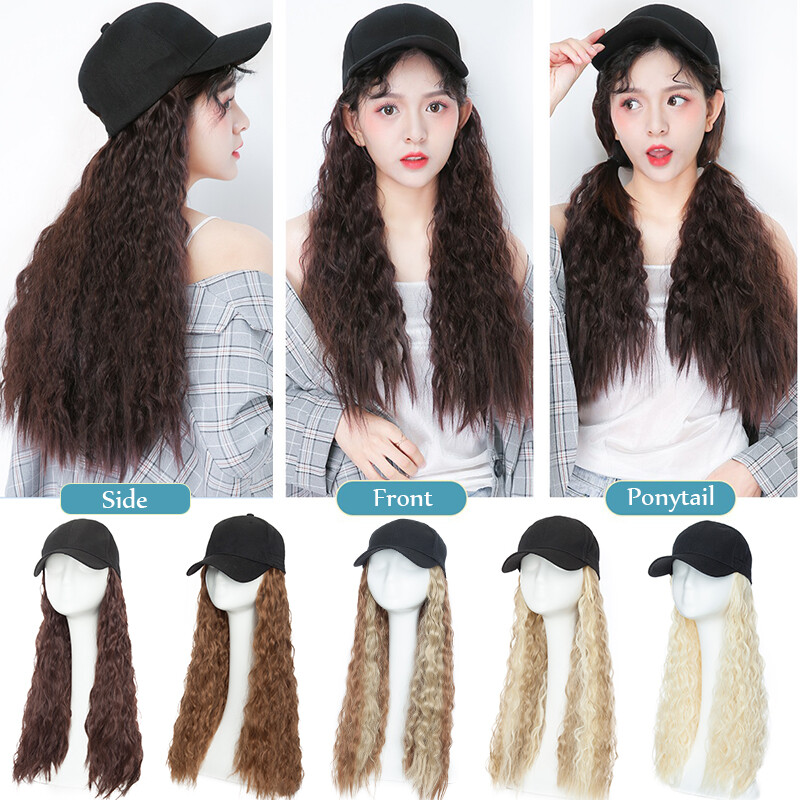 100% REAL Baseball Hat Cap with Hair Extensions AS Human Long Ponytail Hairpiece