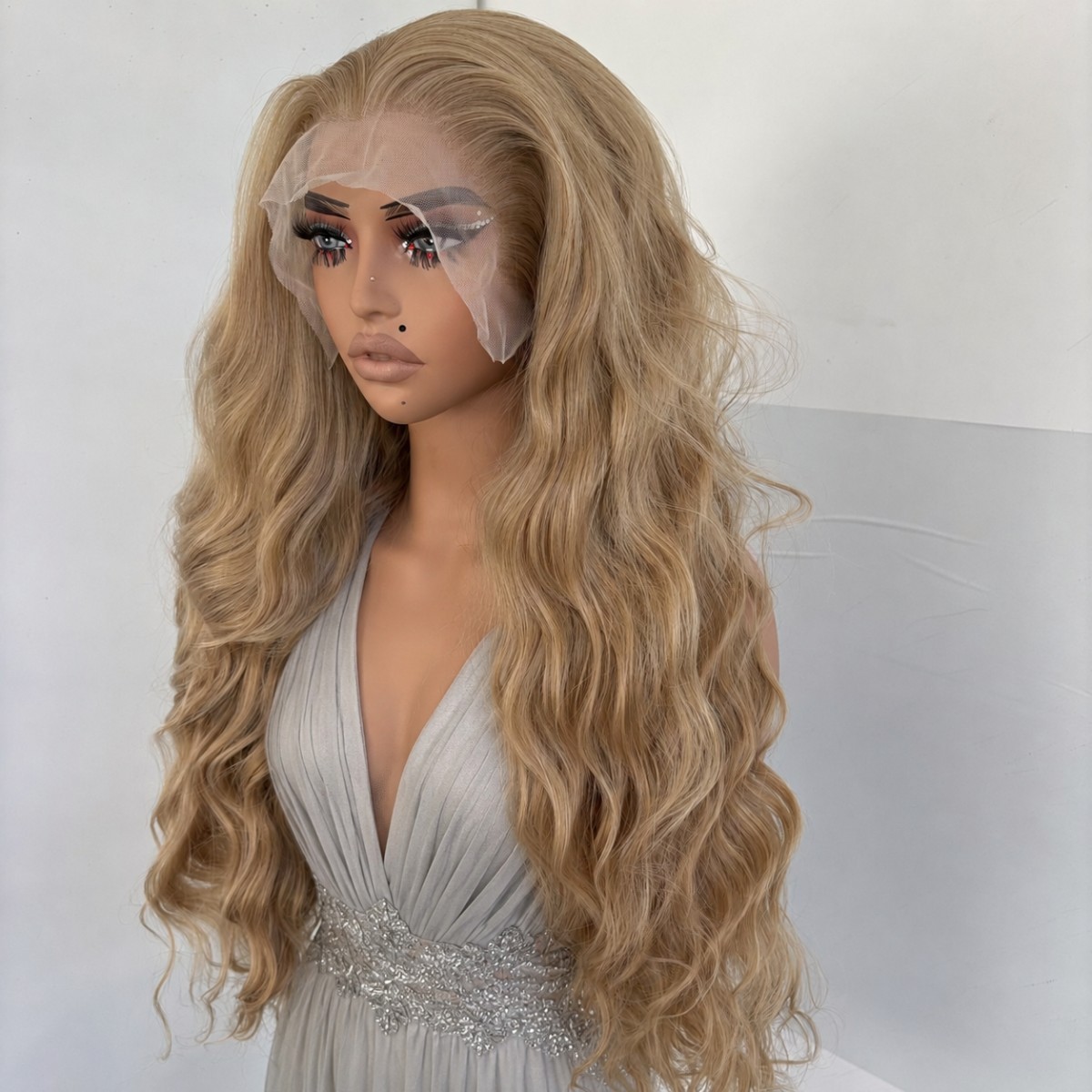Lace Frontal Wig Blended Blonde Long Wavy Synthetic Hair Heat Resistant Layered