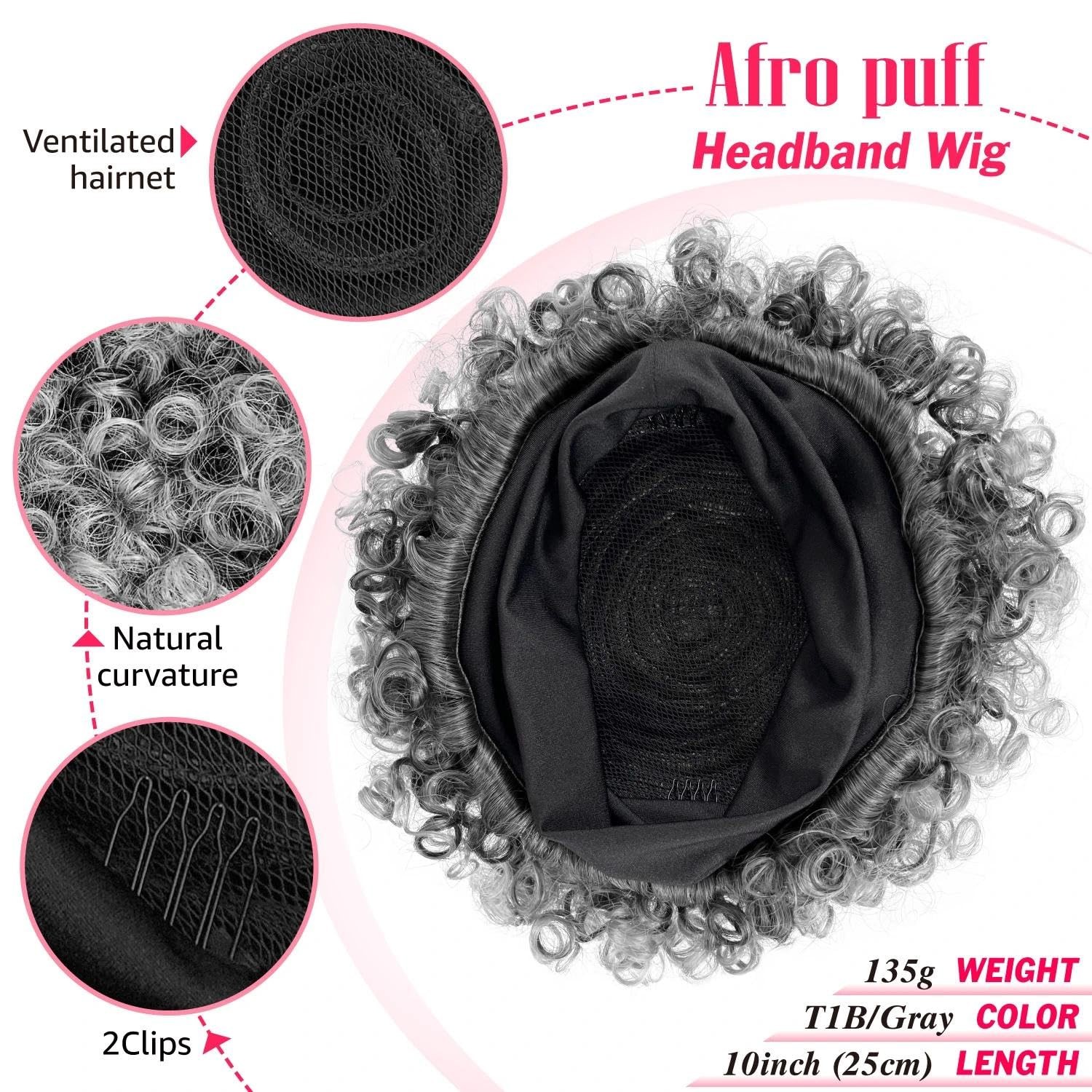 Short Salt and Pepper Afro Curly Headband Wig for Black Women, Gray Kinky Cur…