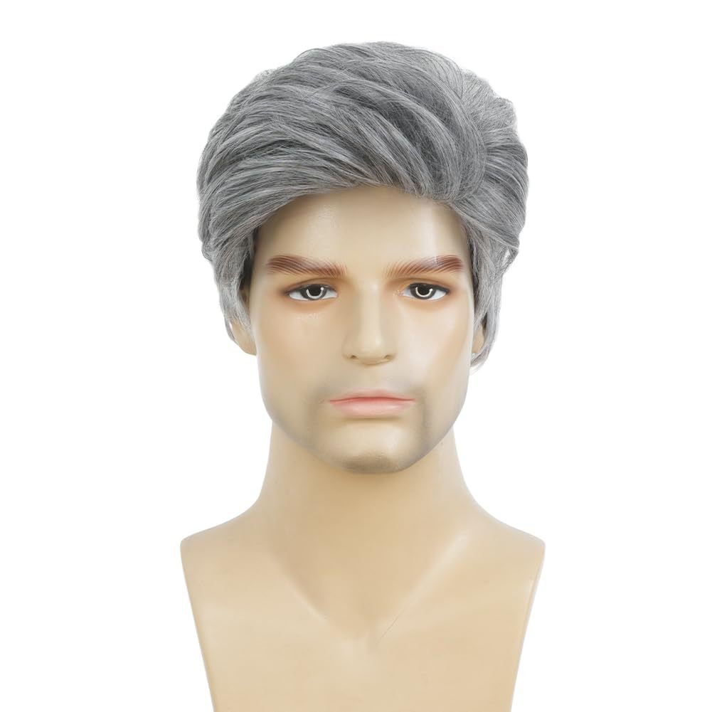 6in Men’s Short Silver Gray Wig Full Heat Resistant Synthetic Cosplay Party