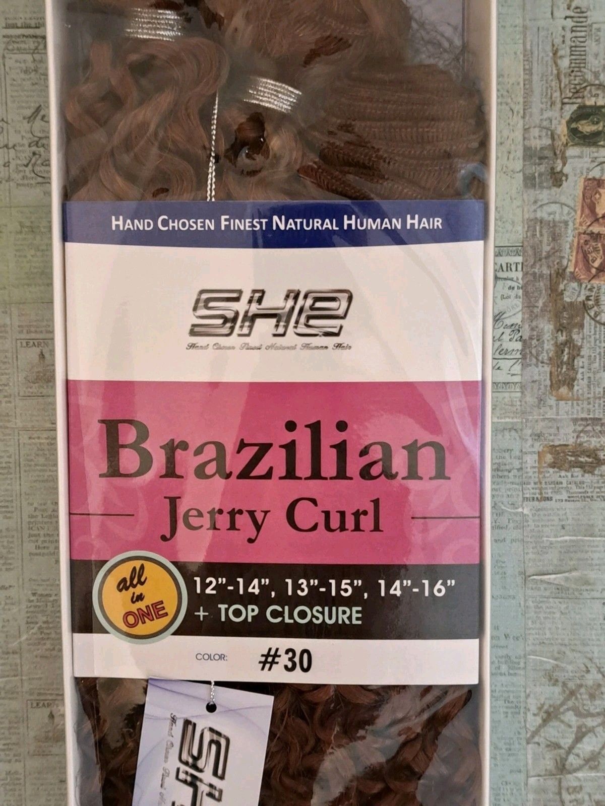 SHE Brazilian Human Hair Jerry Curl #30 3 Bundle Top Closure New In Package