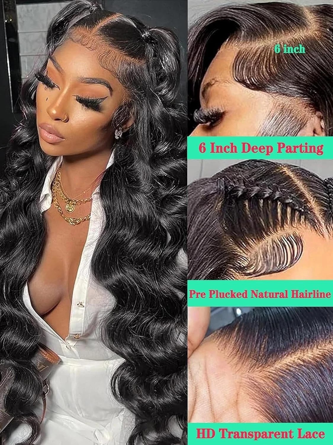 Natural Black 26 Inch Body Wave Human Hair Wig with 200% Density & Baby Hair