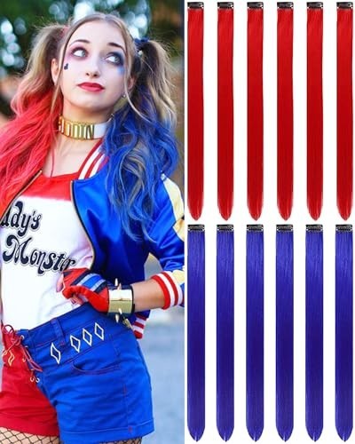 Red and Blue Hair Extensions Clip in 12 PCS, Colored Hair Extensions Party High