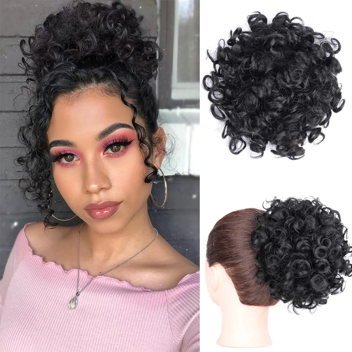 Ombre Blonde Large Curly Synthetic Messy Hair Bun Elastic Drawstring Ponytail