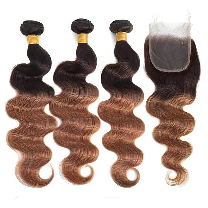 3 Bundles (12″ 14″ 16″) Ombre Body Wave Human Hair & 1 Piece of 12 Inch Closure