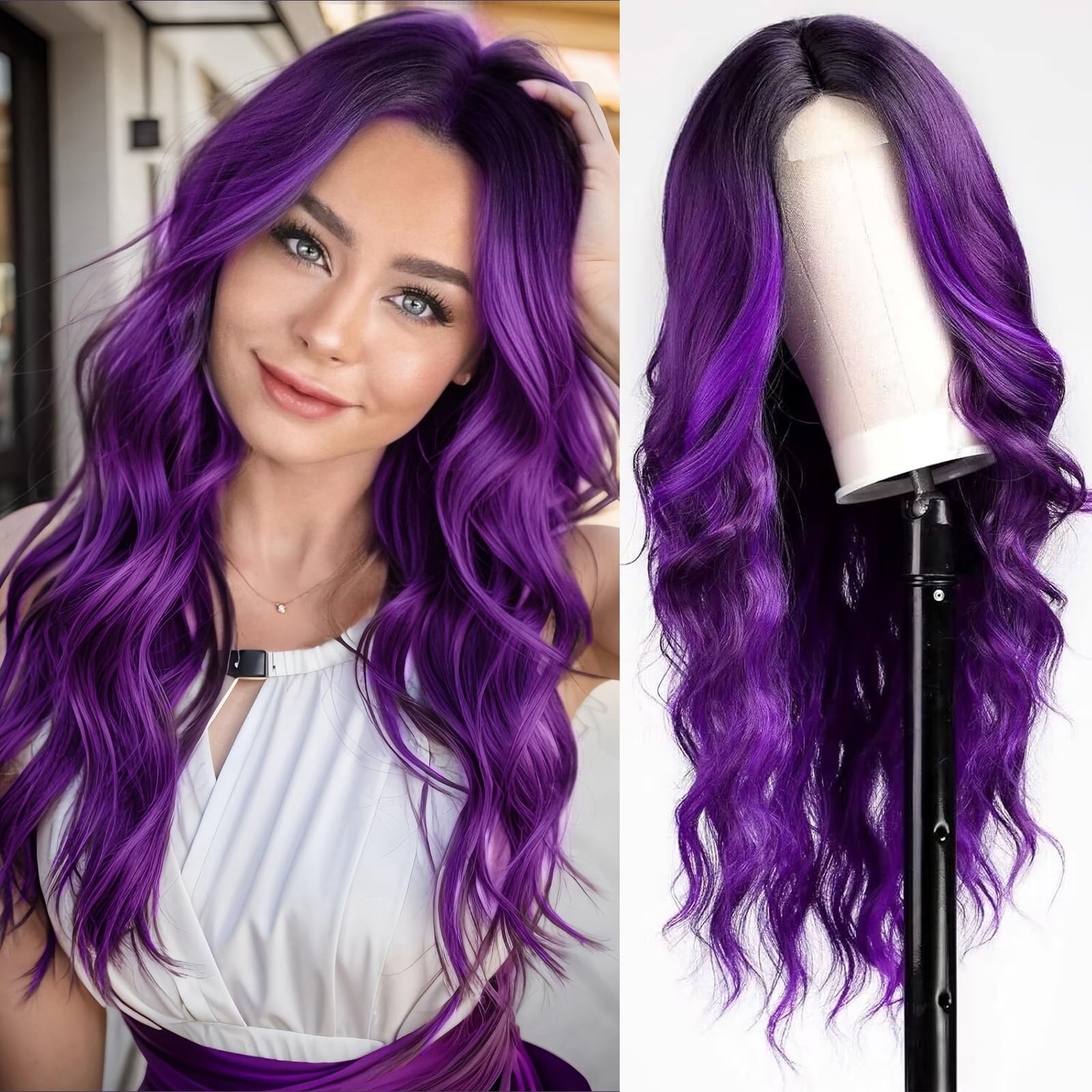 Long Ombre Purple Wavy Wig for Women 26 Inch Middle Part Curly Wig Natural Lo…
