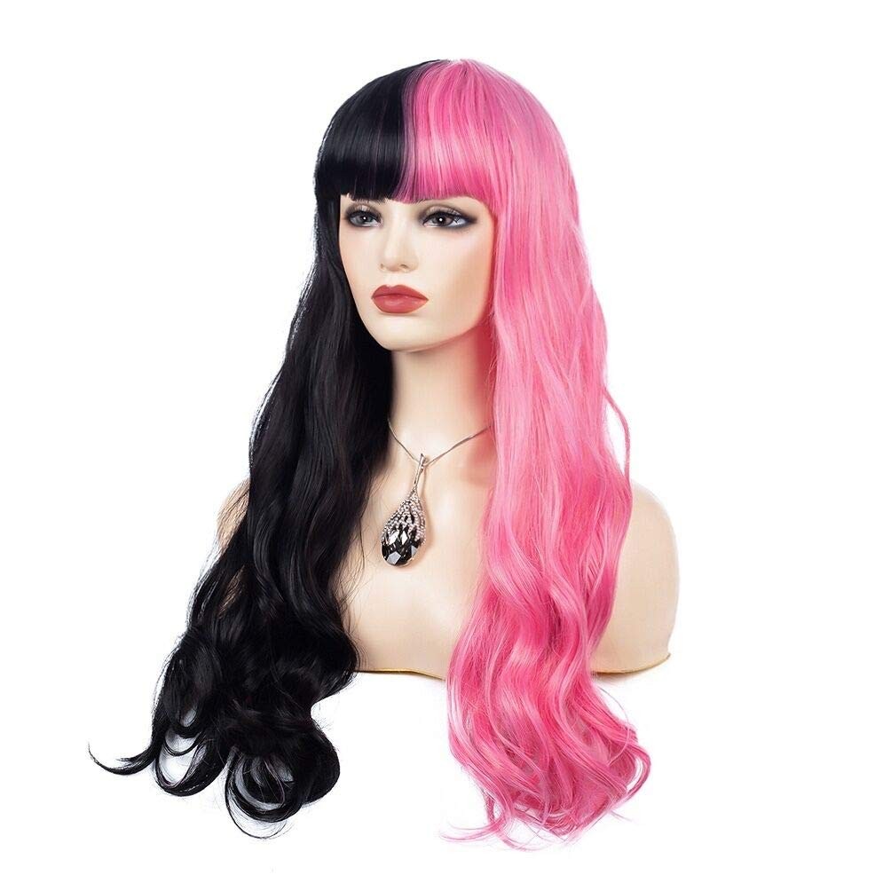Half Pink Half Black Wavy Wigs Long Curly Wavy Split Synthetic Wig with Bangs…