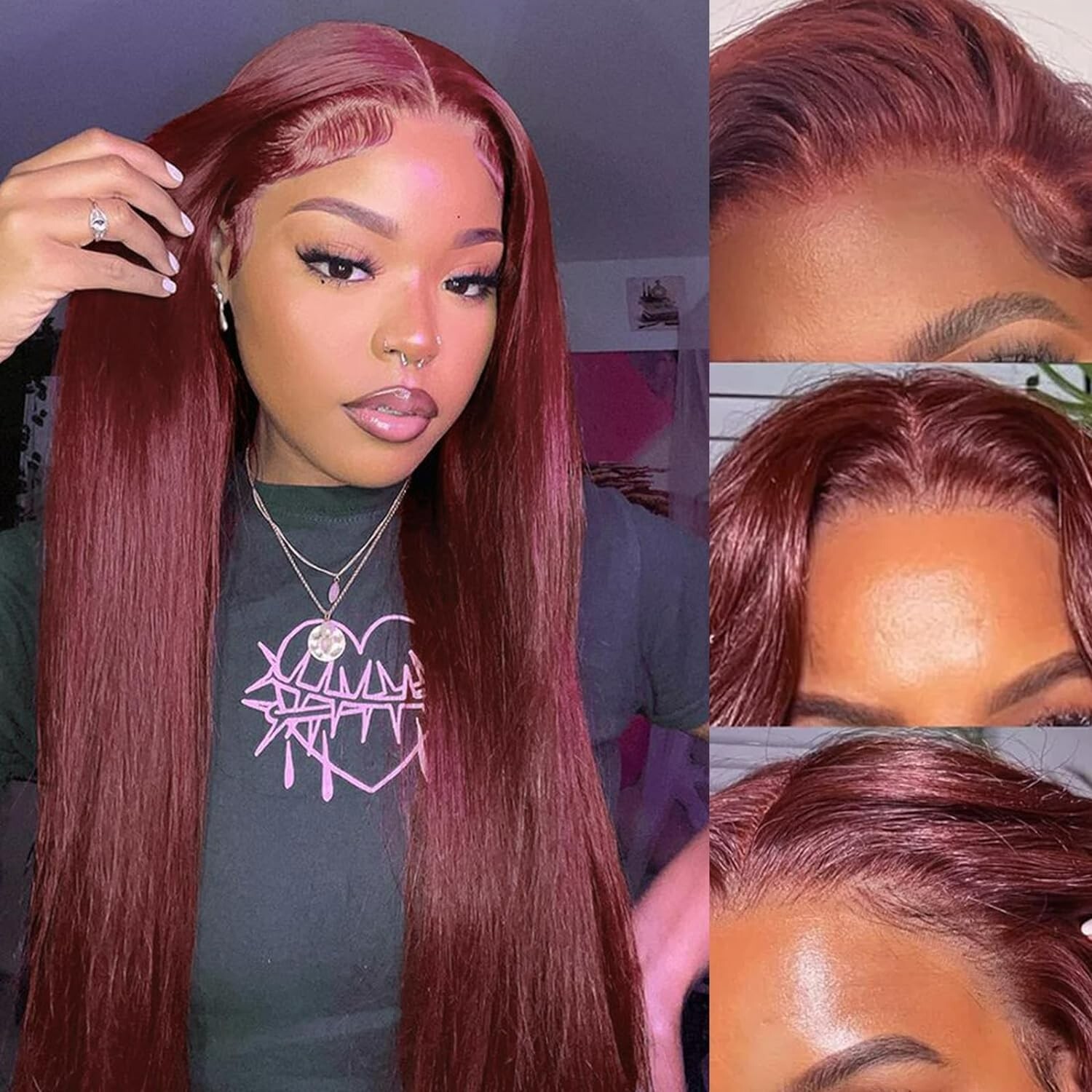 Long Straight Lace Front Wigs Burgundy Color Full Soft as Human Hair Women Party