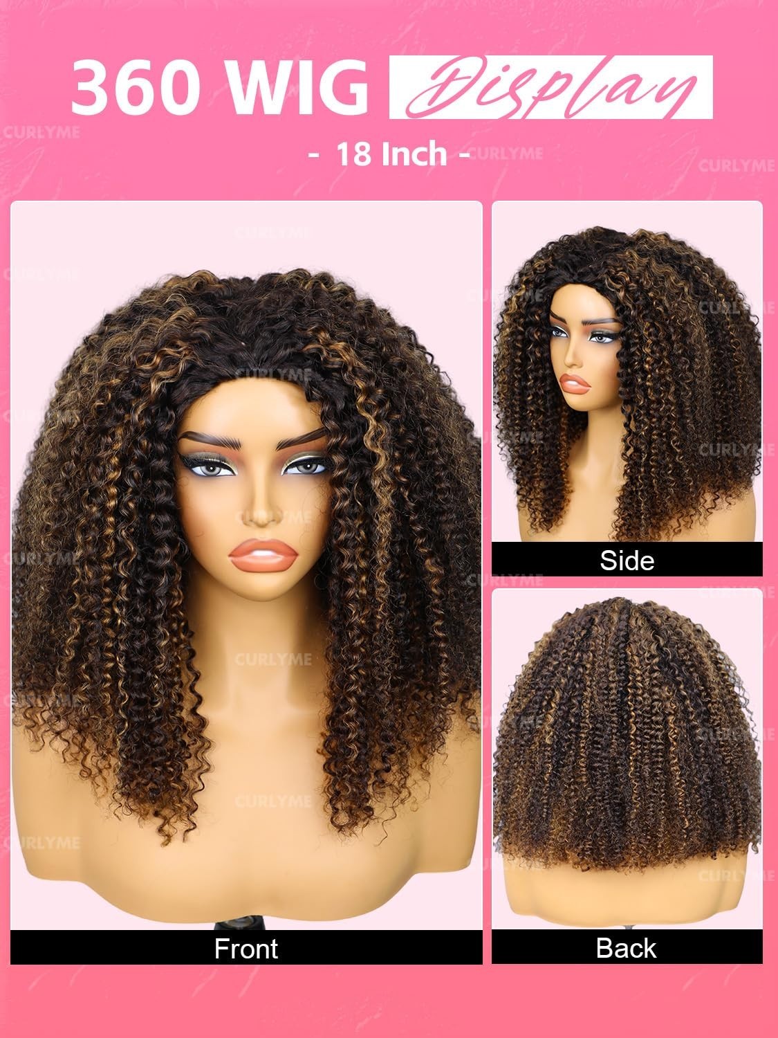 Kinky Curly Half Wig Ombre Honey Blonde 18″ Human Hair Glueless Install, 3-in-1