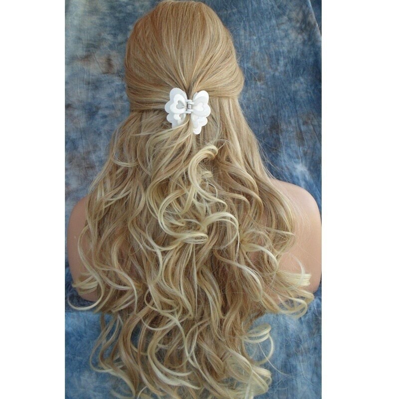 Long Curly Blonde Mix Lace Front Human Hair Blend Wigs Heat Ok Women Natural Wig