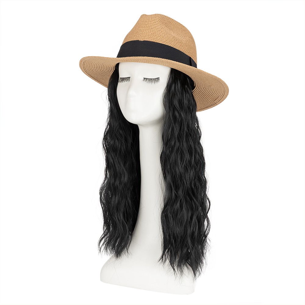 Long Wave Sun Hat Wig with Synthetic Hair Adjustable Straw Beach Cap For Women