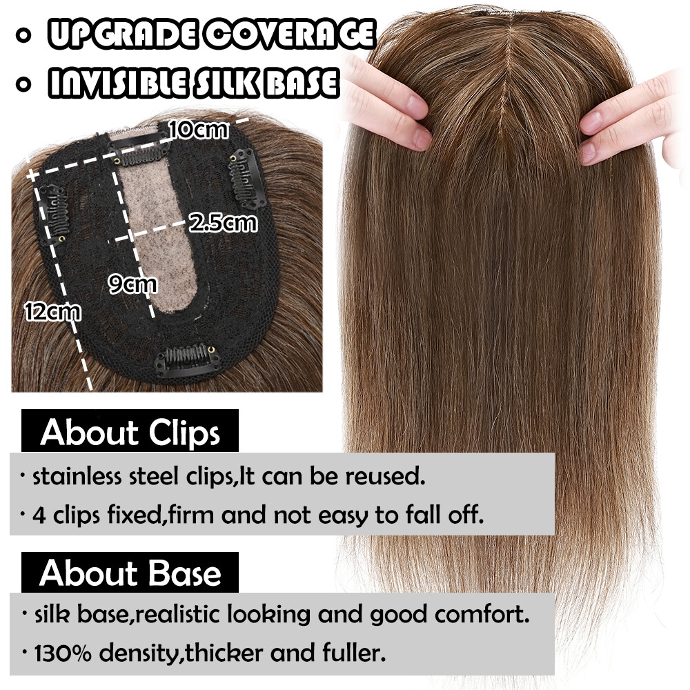 US 100% Human Hair Women Topper Hairpiece Clip In Mono Silk Base Top Wigs Toupee