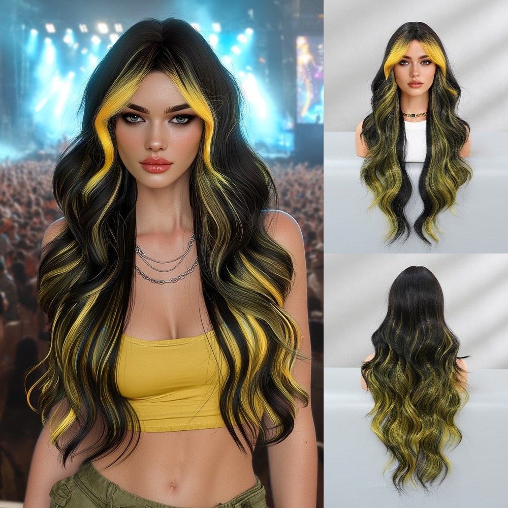 Full head wig with side-swept bangs colorful flame orange highlights and long