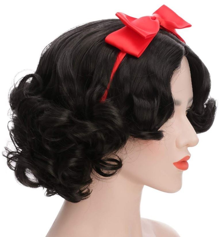 Adult Women Short Bob Wave Black Cosplay Wig with Red Bow Princess Party Costume