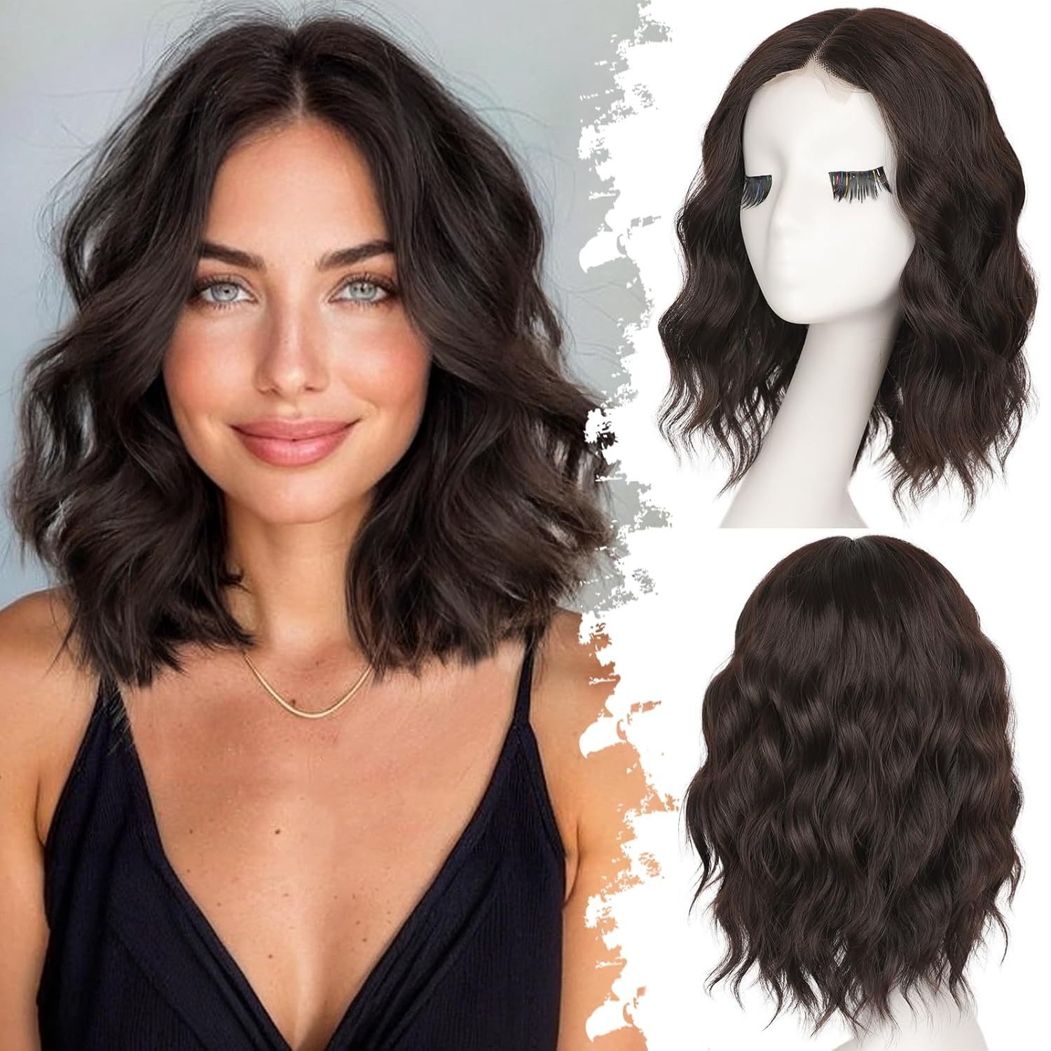 Small Lace Water Wave Short Curly Synthetic Full Head Wig Heat Resistant Daily