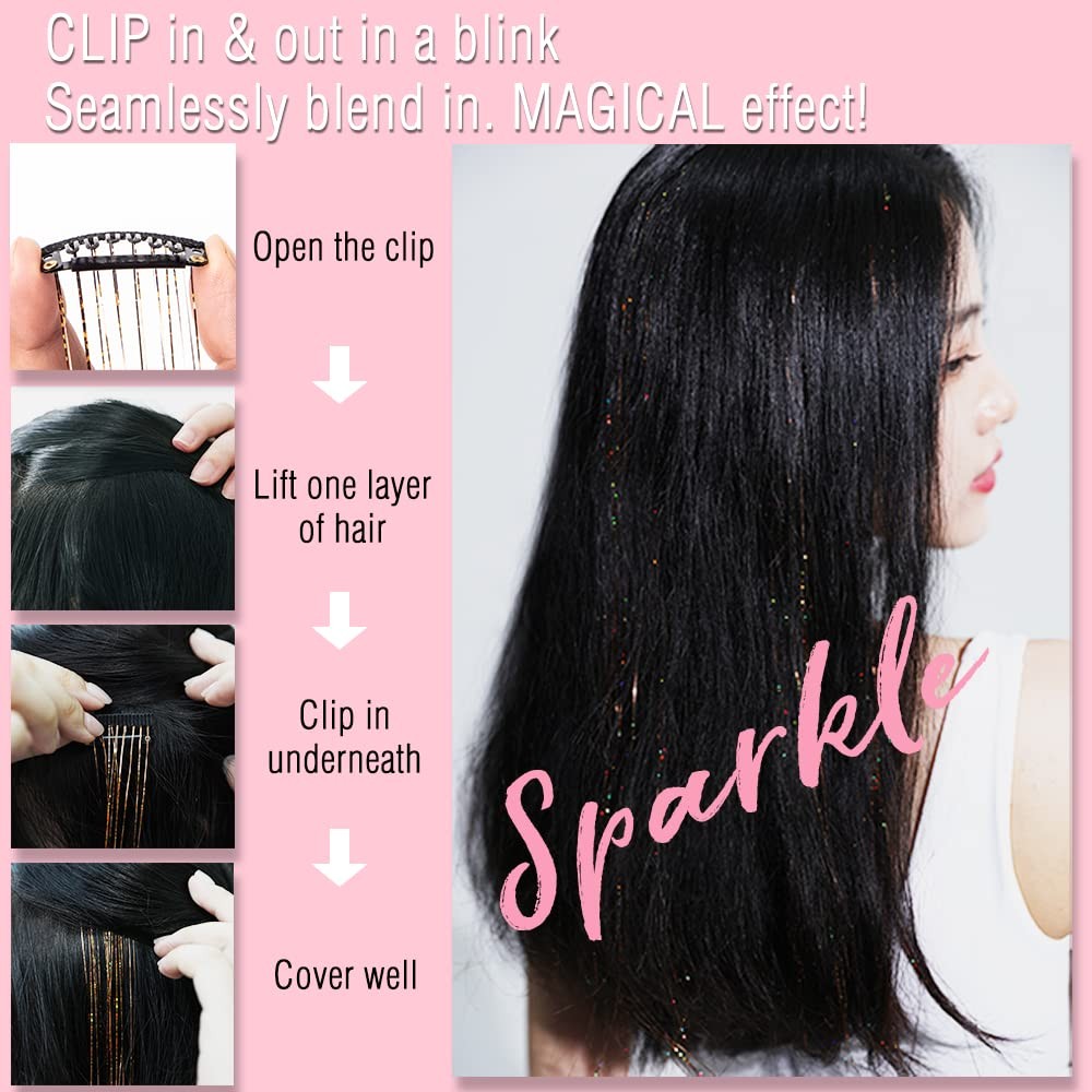 6 Pcs Clip in Hair Tinsle Kit, 19.6 Inch Heat Resistant Glitter Tinsel Hair E…