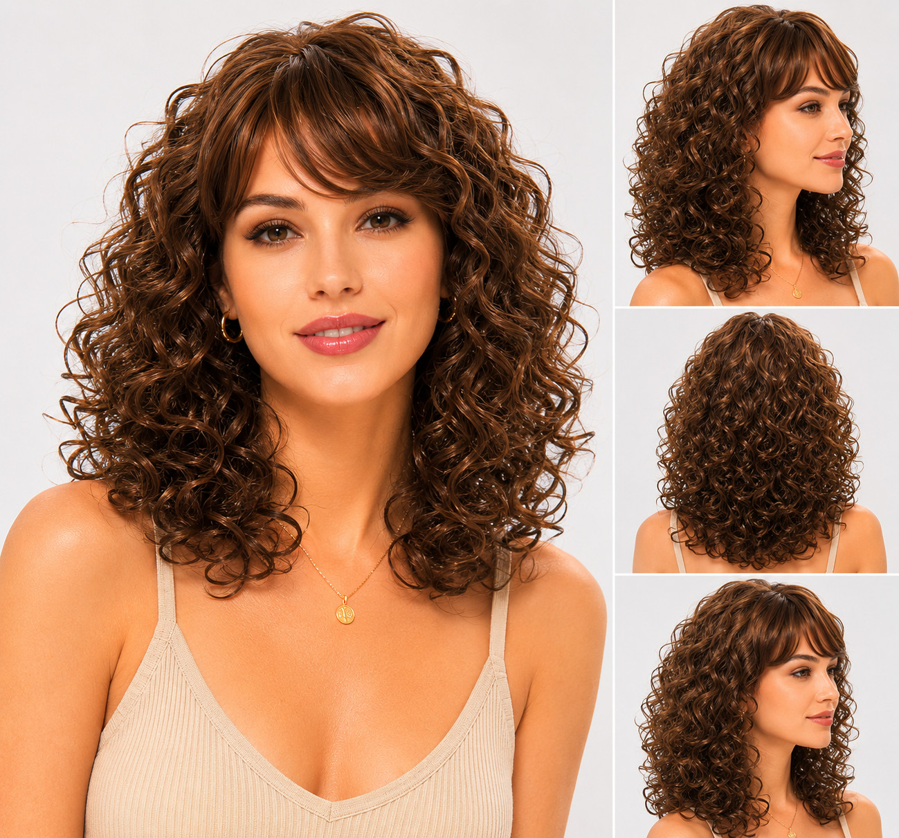 Women’s Brown Curly Wavy Wig with Bangs Medium Long Synthetic Full Hair Natural