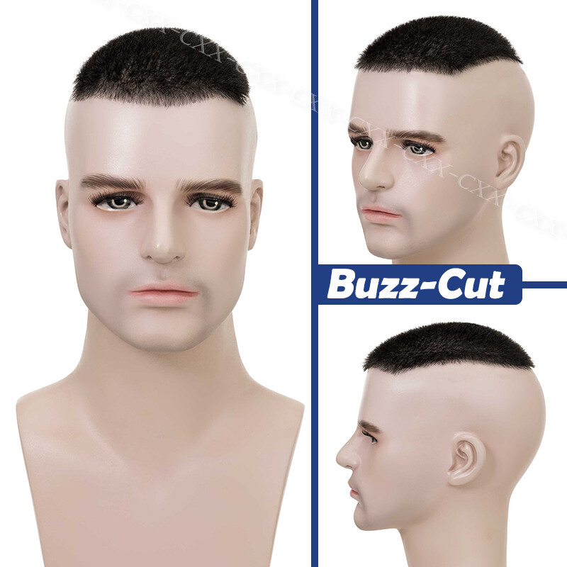 Mens Toupee Hairpiece 100% Human Hair System Replacement Skin PU Short Buzz Cut