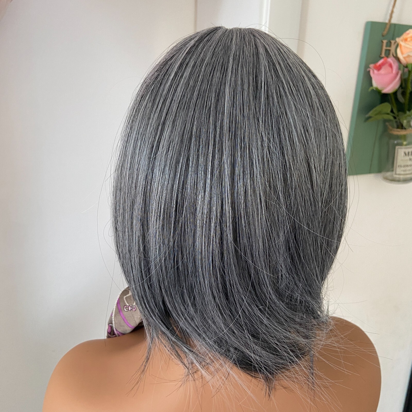 Salt And Pepper Gray Mix Synthetic Hair Wigs With Bangs Women Soft Natural Daily