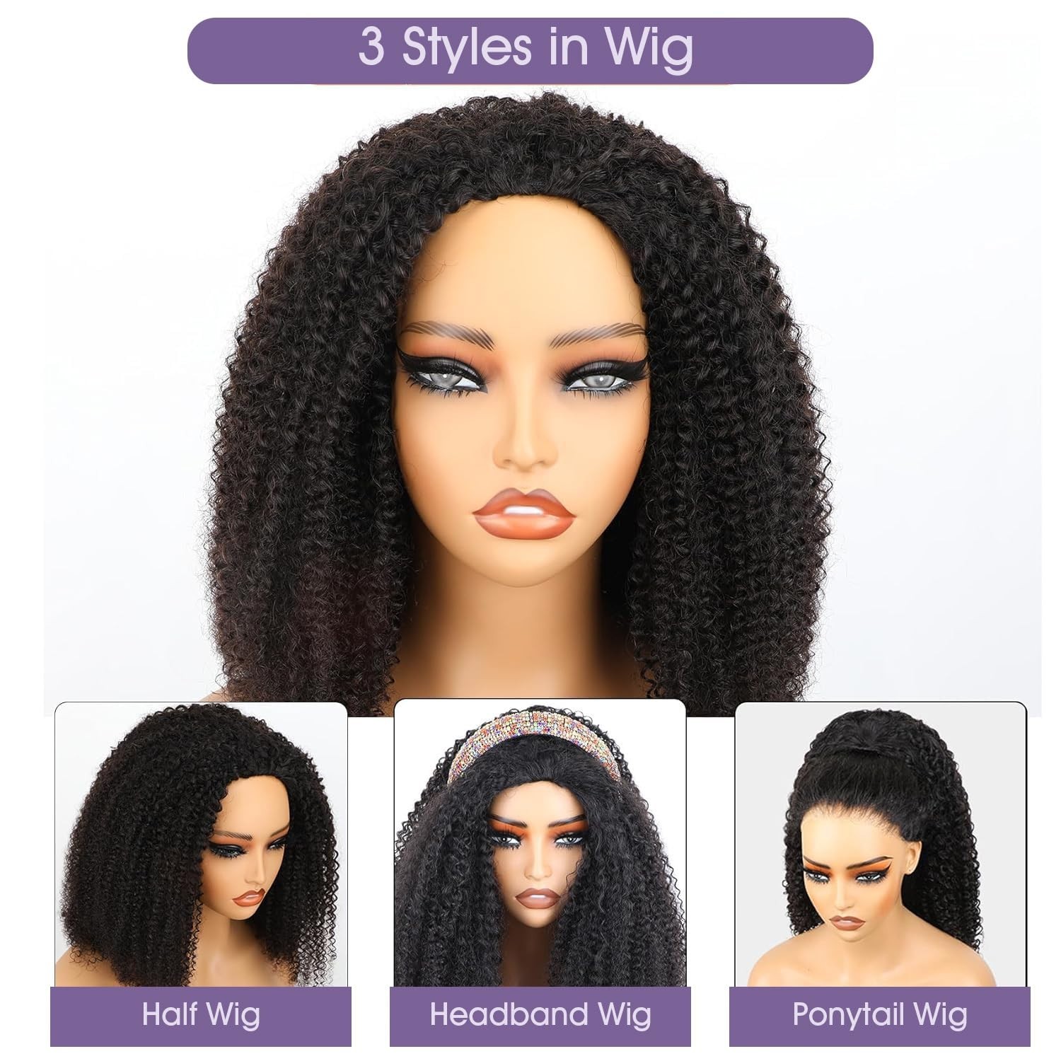 Afro Curly Half Wig – 180% Density, Glueless, Easy Wear, Kinky Curly 18″ Human H