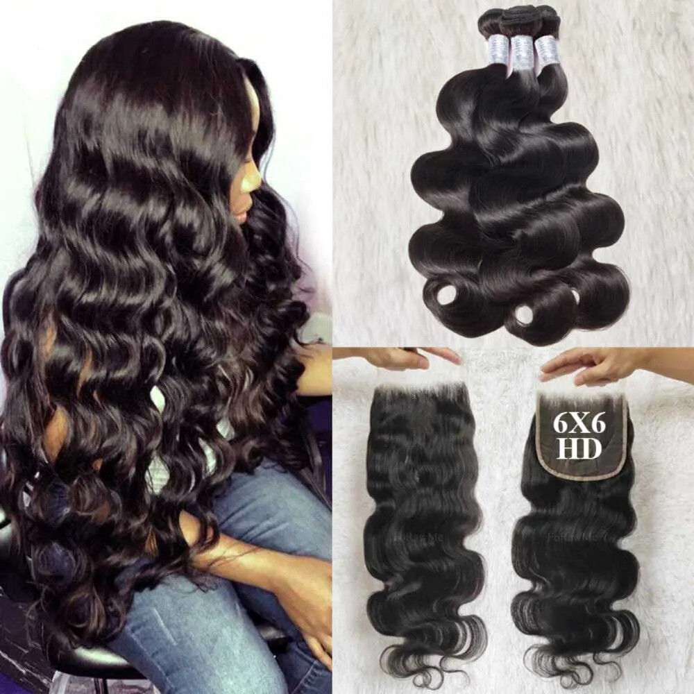 12A BRAZILIAN VIRGIN HUMAN HAIR BODY WAVE HD LACE BUNDLES 4X4/5X5/6X6 COLOUR 1B#