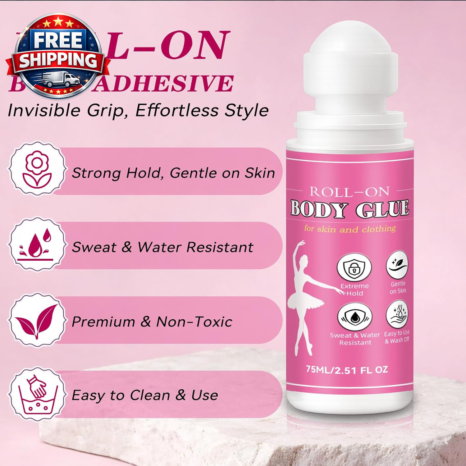 Body Glue for Clothes & Skin 2.54 Oz, Roll-On Body Adhesive, Sweat Resistant, Sk
