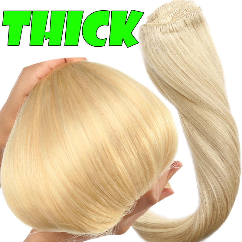 US Extra Thick Remy 100% Human Hair Extensions Clip In Full Head Double Weft 18″
