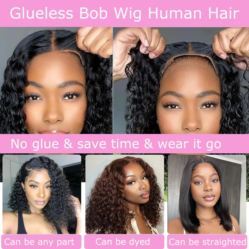Curly Bob Wig Human Hair Water Wave 4×4 Lace Closure Glueless Wear and Go Bob…
