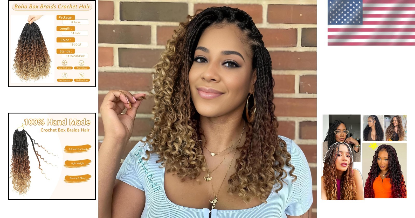 14-Inch Boho Crochet Box Braids – 8 Packs Tangle Free Hair Extensions, 1B/30/27