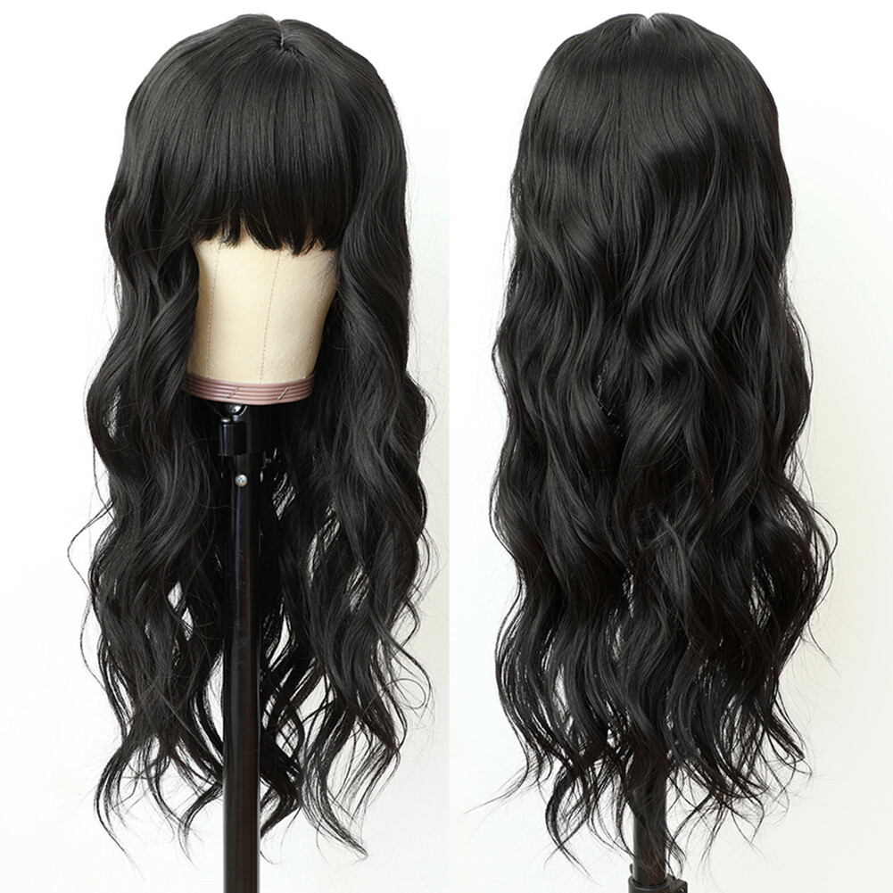 Synthetic No Lace Wigs Full Bangs Loose Wavy Long Black Heat Resistant Natural