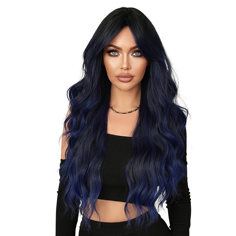 Blue wig with long curly hair wavy and fluffy full head cover with blue wig