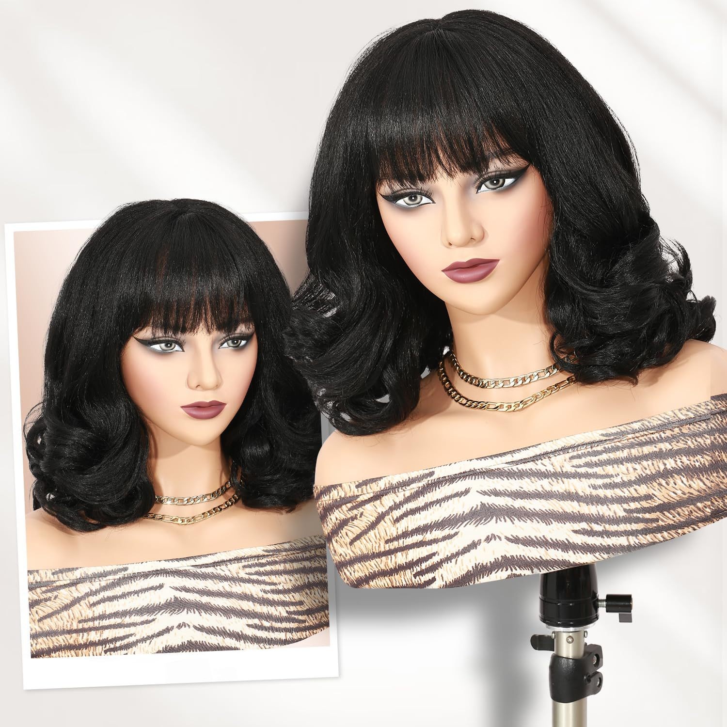 Yaki Short Curly Bob Wig With Bangs Water Wave Heat Resistant Fiber Full