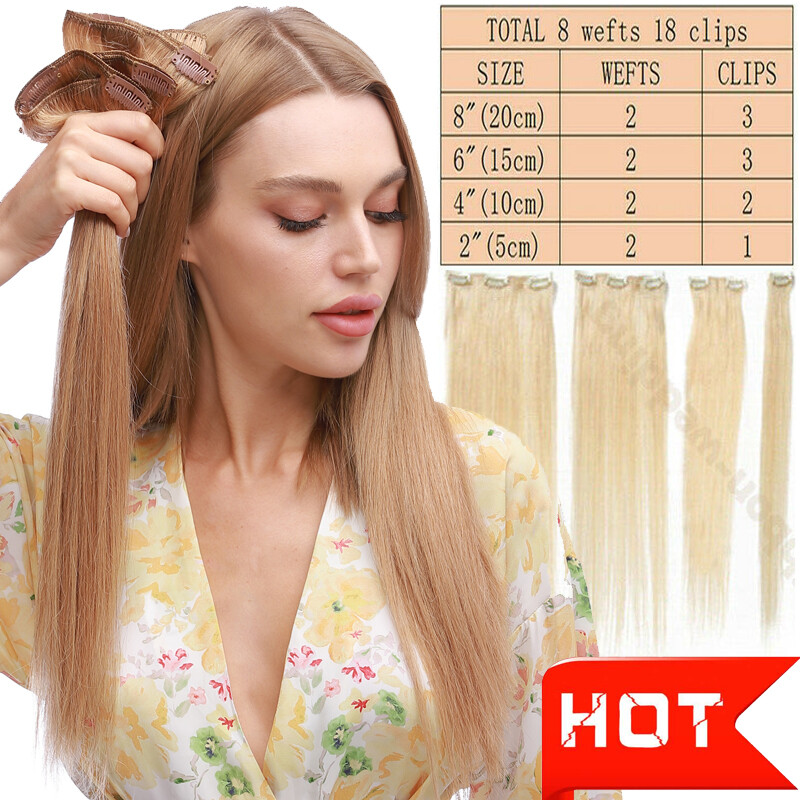 Multi/Color 100% Real Human Hair Clip In Remy Hair Extensions Full Head 8 Pieces