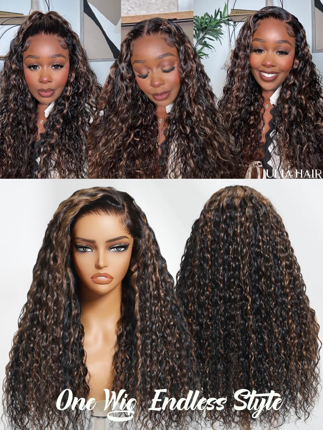 Golden Brown Highlight Deep Wave 22″ HD Lace Closure Glueless Wig, Pre-Plucked,