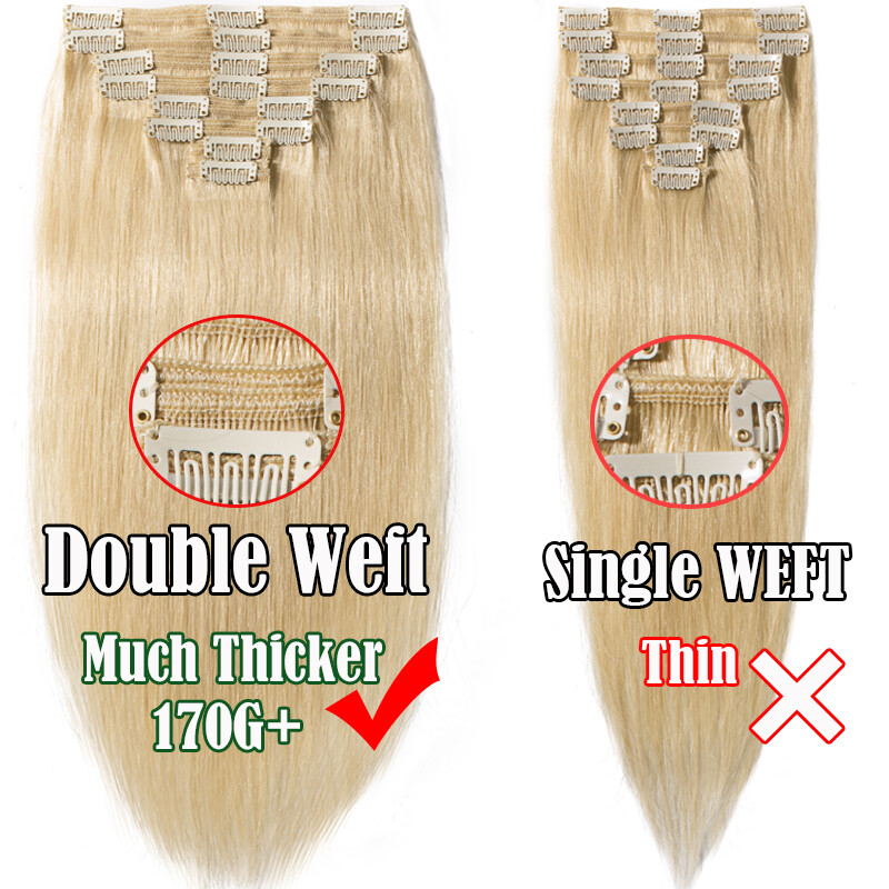 THICK Double Weft Clip In Real Remy Human Hair Extensions Full Head 8pcs Caramel