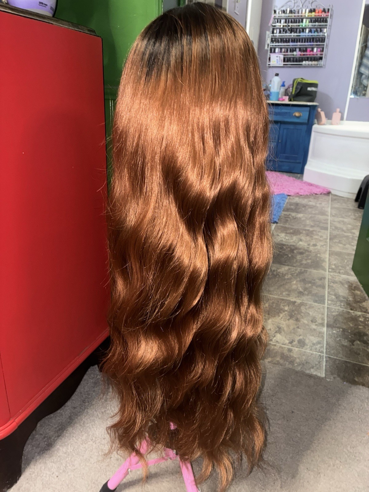 Long Wavy ginger Synthetic Wig with Bangs C-Part Classic Cap Adjustable Strap