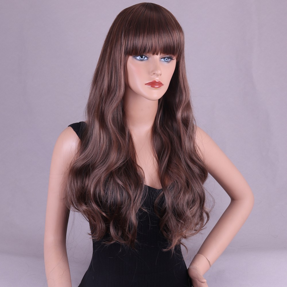 26 Inch Long Curly Full Wigs with Bangs Body Wave Hair for Women Borwn Wavy Wigs