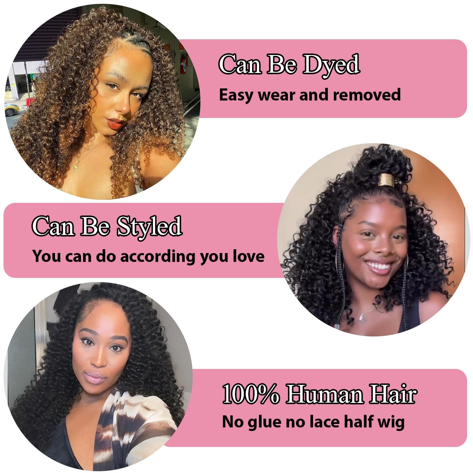 Kinky Curly Half Wig Human Hair 20″ Glueless Wig for Black Women – Natural Look