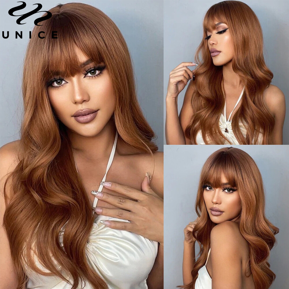 UNice Cambodian Brown Yaki Straight Human Hair Wig with Bangs Lace Wig Layer Cut