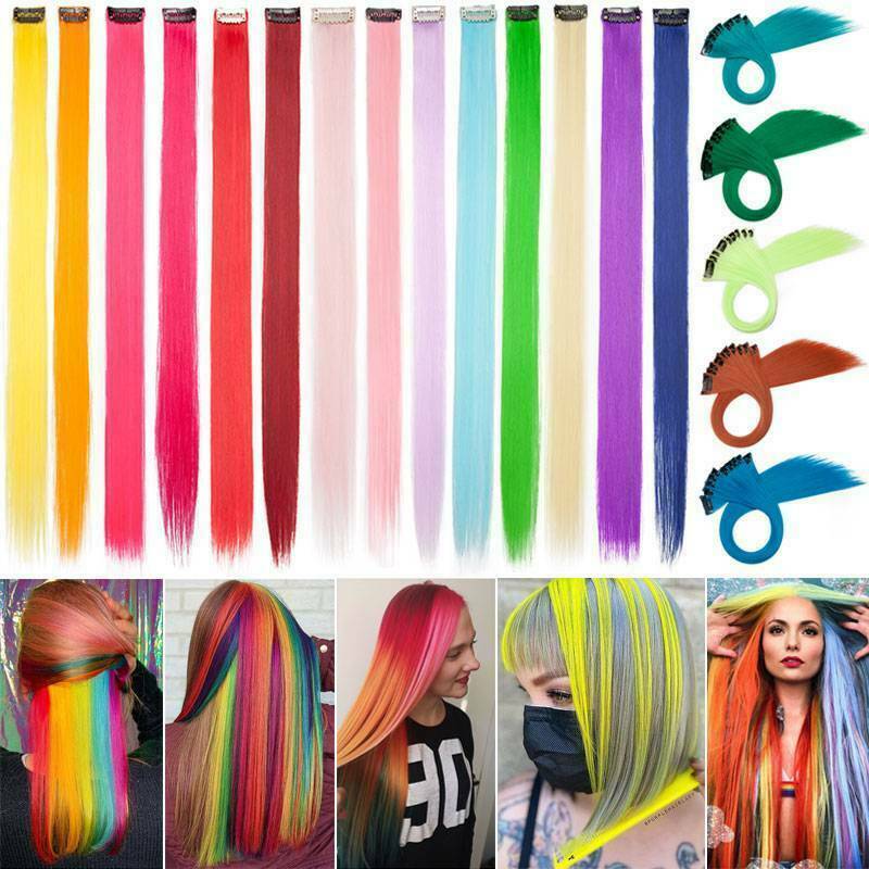 10pcs as human Hair Multi Color Clip In Hair Extensions Rainbow Streak Hair Fake