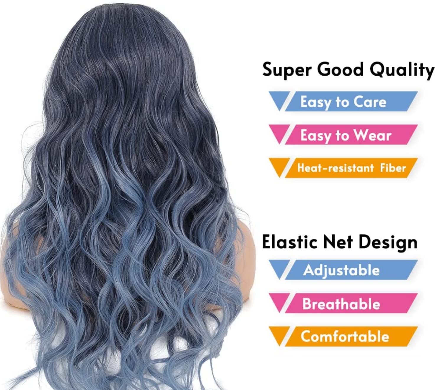Long Curly Wavy Ombre Blue Wigs for Women Synthetic Natural Middle Part Daily…