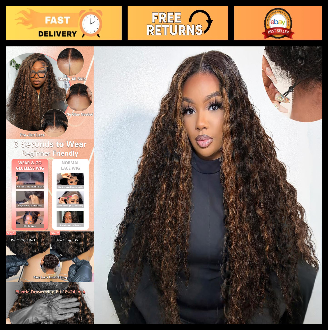 16 Inch 200 Density Balayage Glueless Lace Front Wig – Pre Plucked HD Ombre Deep