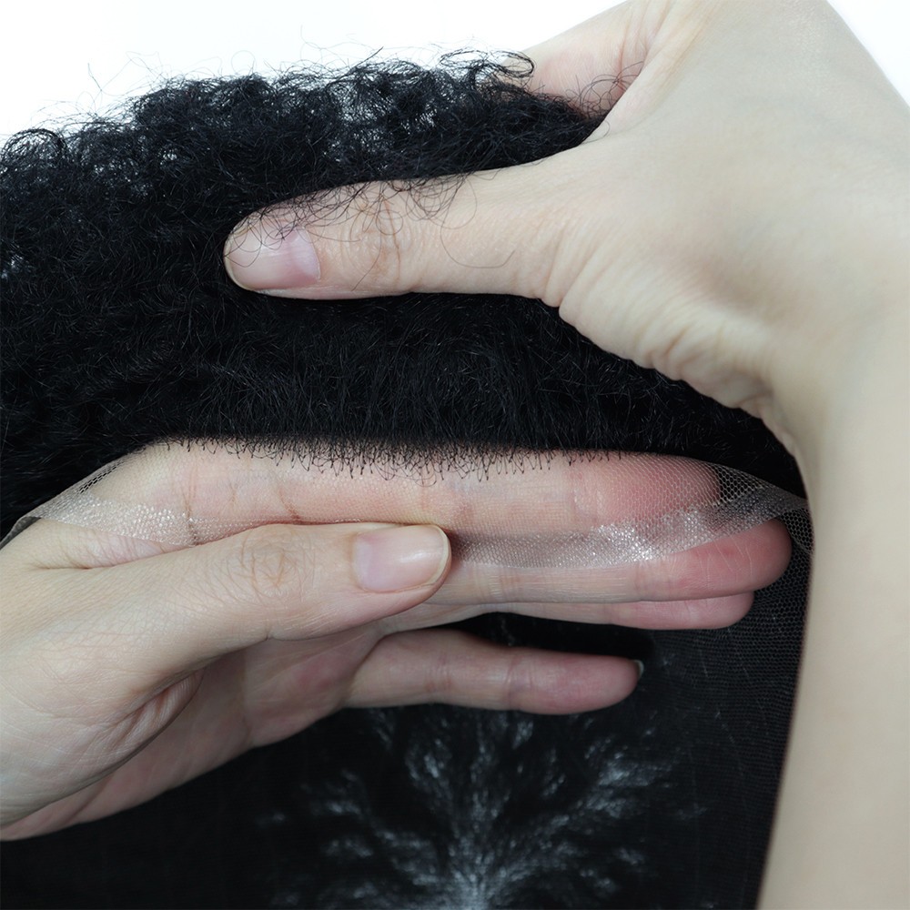 Toupee Mens Human Hair Afro Curl French Lace Hair System Hair Pieces 10mm #1B